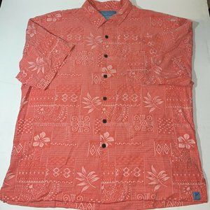 Bermuda Bay 100% Silk Hawaiian Camp Shirt XXL Floral Tribal Print Coral Salmon